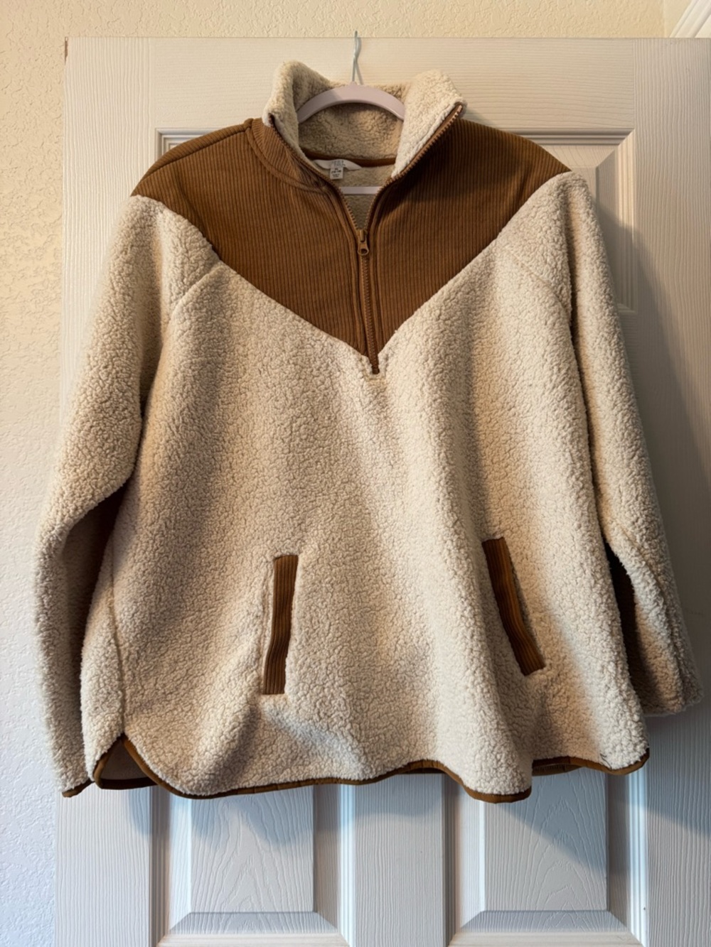 Time and Tru Cream and Brown Sherpa Half-Zip Pullover